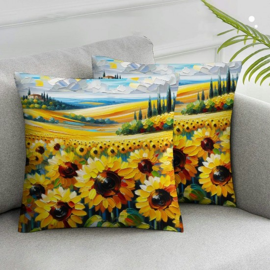Ulloord  Sunflowers Oil Painting Throw Pillow Covers,Sunflower Field Wall Art Oil Decorative Pillow Covers Digital Printing Blended Fabric for Couch Sofa Bed Invisible Zipper